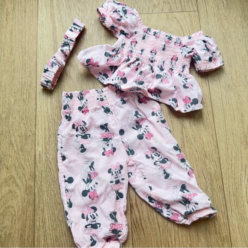 2/$20 Minnie Mouse Baby Girl Smocked Top and Pants Outfit Set with Headband,6-9M